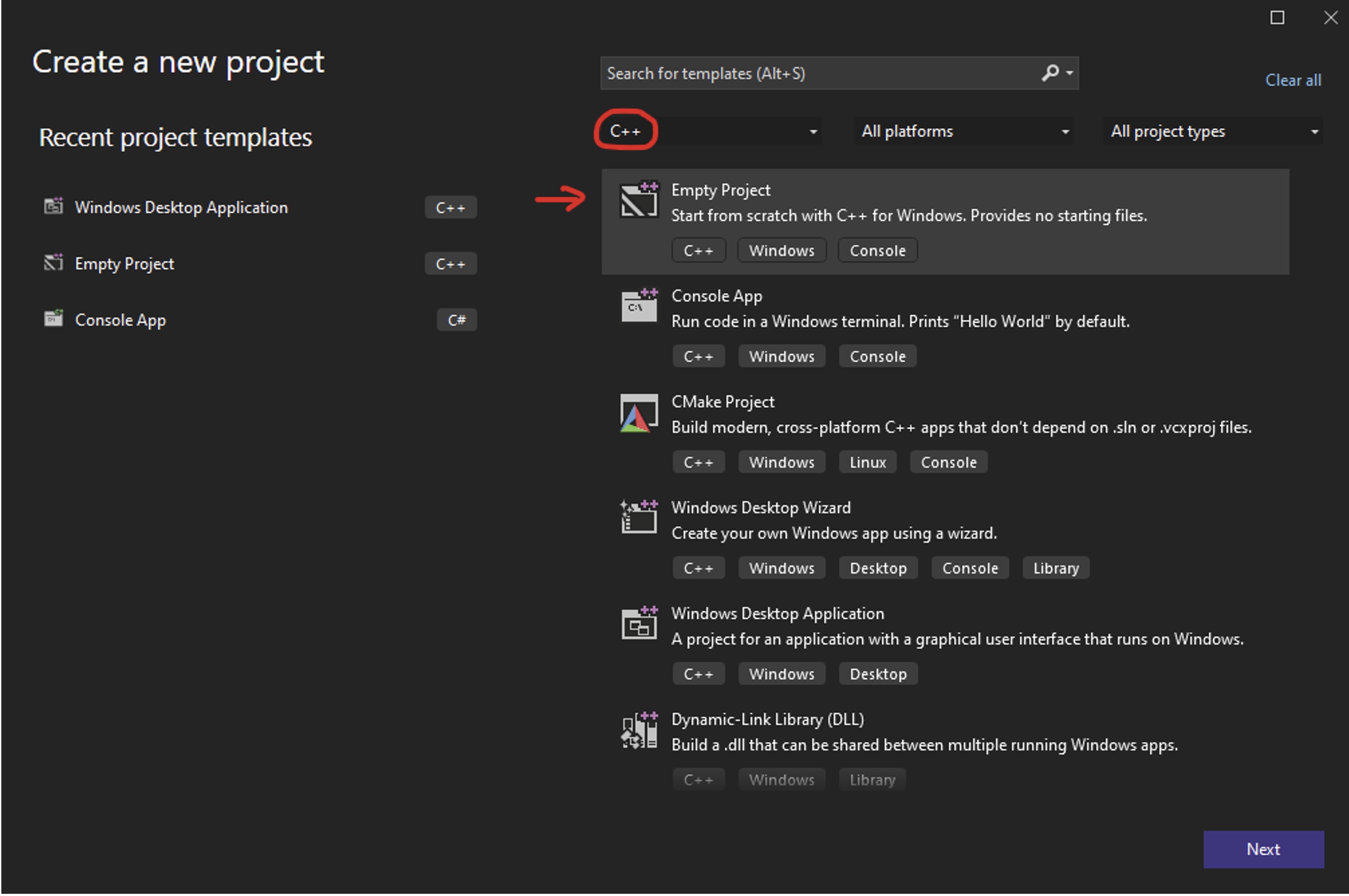 Visual Studio: Create a new project